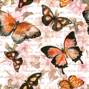 花，蝴蝶，手书面的文本注释。水彩画。无缝模式