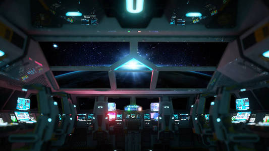 太空飞船未来的室内。箱体内视图。银河旅游概念。3d 渲染
