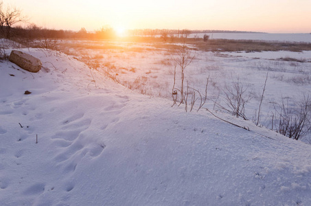 冬季场景观灯光柔和的夕阳光雪域景观场景在温暖的色调与积雪场和树木上的霜树木覆盖着霜冻