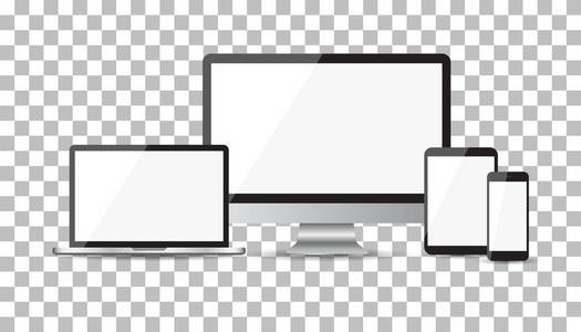 现实设备平图标 智能手机 平板电脑 便携式计算机和桌面计算机。对孤立背景矢量图