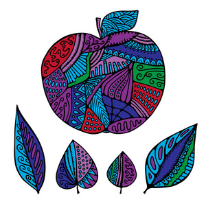 股票矢量抽象孤立的苹果和叶。手画图案