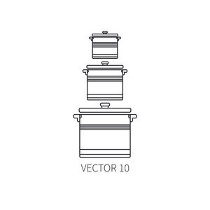 线平矢量厨具图标锅，锅。餐具的工具。卡通风格。插图和为您的设计元素。设备准备食物。厨房。家庭。烹饪。厨师。设置