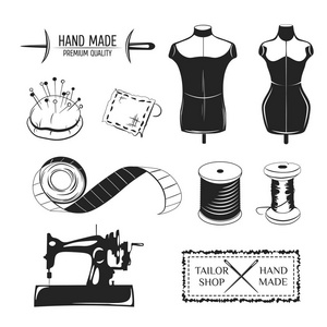 老式的裁缝套标签 标志和设计元素。裁缝铺主题