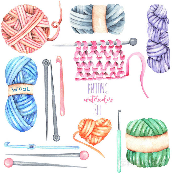 集，集合与水彩针织元素 纱，针织针和钩针钩