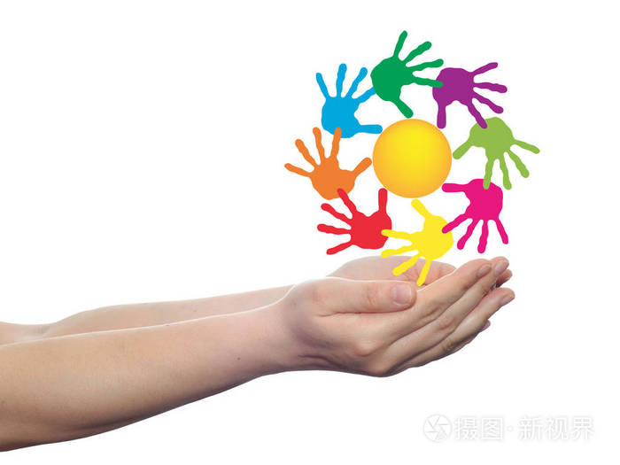 与七彩手印的黄色太阳