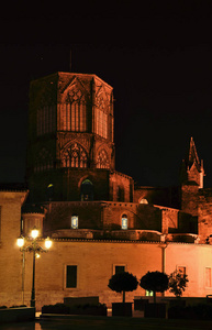 西班牙。瓦伦西亚。夜晚的城市景观。瓦伦西亚大教堂的视图
