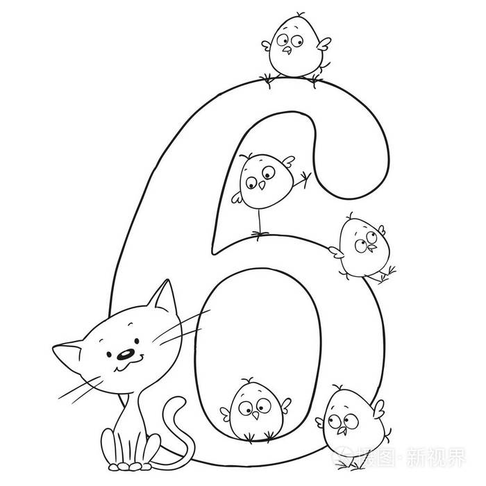 第六个。可爱的卡通动物。数字和动物。鸡和猫咪。有趣的俑画。矢量涂鸦