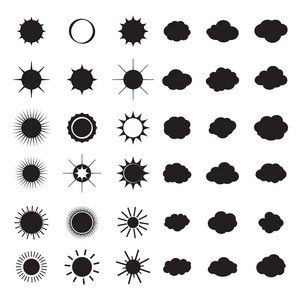 云和太阳图标集。云 太阳 云孤立的图标矢量图。集云 雨 太阳符号模板艺术，图片。天气预报界面设计。季节的横幅。Web 