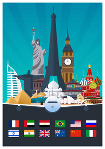 大集合的旅游海报到国家。Vecor 平插图