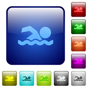 游泳男子彩色方形按钮