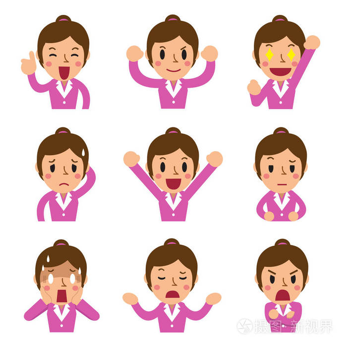 卡通女商人面临表现不同的情绪