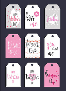 矢量情人节贺卡模板。2 月 14 日的礼物标签 标签或海报集合的手写。复古爱刻字背景设置