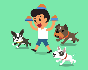 卡通人喂狗 插画