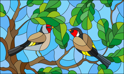 彩色玻璃风格为主题的夏天,两个金翅雀在天空和橡树叶的插图照片