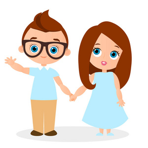 戴眼镜的女孩和年轻的男孩.矢量图 eps 10 孤立在白色背景上.