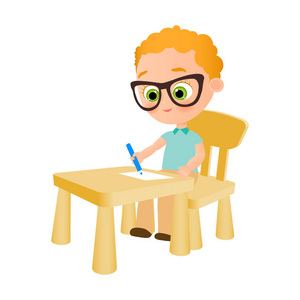 戴眼镜的年轻男孩涂料正坐在一张课桌。矢量图 eps 10。平的卡通风格