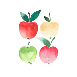 四个明亮的多汁苹果水彩素描