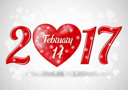 情人节贺卡 横幅 海报，背景设计。红色的心，与灯光和阴影在灰色背景的写实风格的排版 2017 年 2 月 14 日