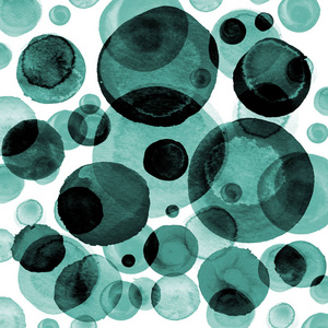 现代背景下的酞菁绿和黑薄荷蓝色透明的泡泡画水彩。抽象的单色图案与油墨圈子，点