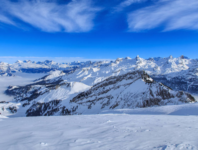 瑞士阿尔卑斯山，从山 Fronalpstock 在冬天的视图