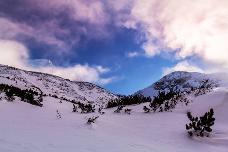 丰富多彩的冬季日落在阿尔卑斯山，在寒冷的冬天，新鲜的粉雪