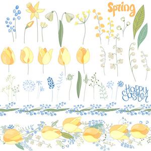 设置与春天郁金香 植物 水仙花和草药的复活节。黄色和蓝色的颜色。孤立在白色背景上的对象