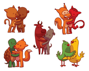 套彩色拥抱动物加拿大野生动物彩色平面图标设置动物婴儿卡通.