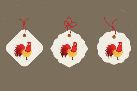 装饰的公鸡。中国新年象征 2017年新 Year.Set 的标签。很好的贺卡，邀请或横幅。矢量图