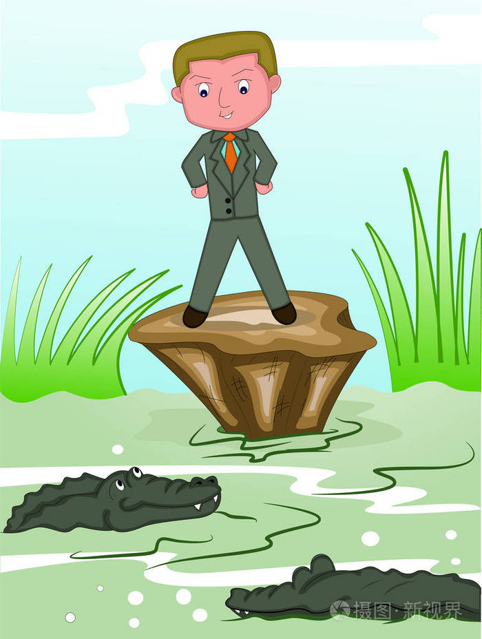 商人面临危险的沼泽卡通说明的鳄鱼