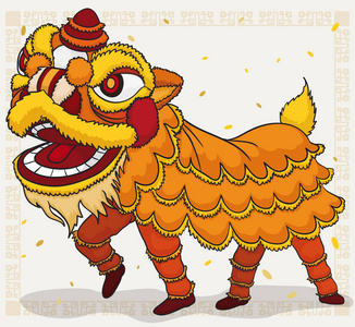传统中国黄色服装狮子舞蹈展示，矢量图