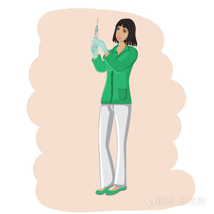 职业: 护士手里持有一支注射器.平面设计, 矢量
