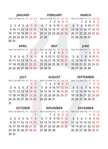 白色背景上的 2017年日历。每周从星期一开始