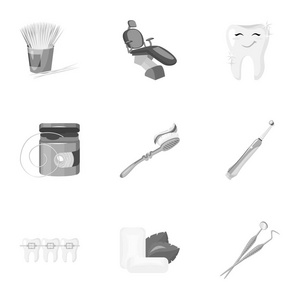 牙科护理在单色样式中设置图标。牙科保健矢量符号股票插画的大集合