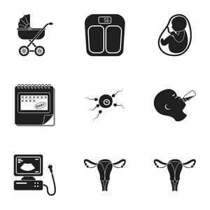 怀孕中的黑色风格设置图标。怀孕矢量符号股票插画的大集合