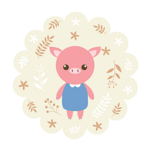 小猪.矢量图卡通, 吉祥物.可爱, 有趣的设计.花卉背景上的可爱动物.