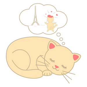 可爱的卡通睡猫梦巴黎矢量图白色背景上孤立