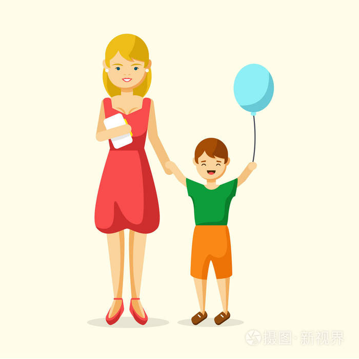 幸福的年轻女人与儿童和笔记本矢量图的平面设计