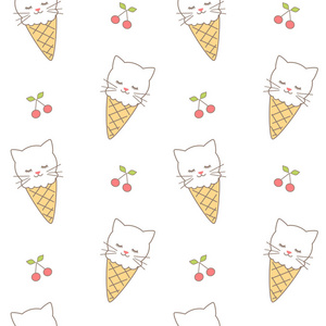可爱的卡通猫冰淇淋无缝矢量模式的背景说明