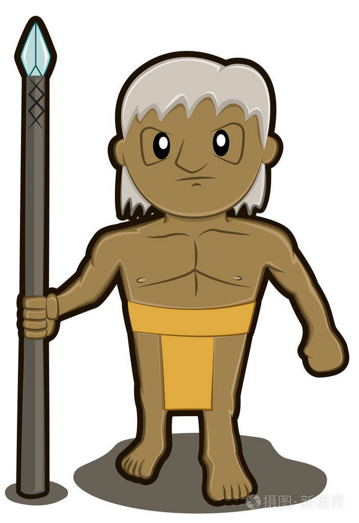当地土著部落士兵用矛的卡通人物