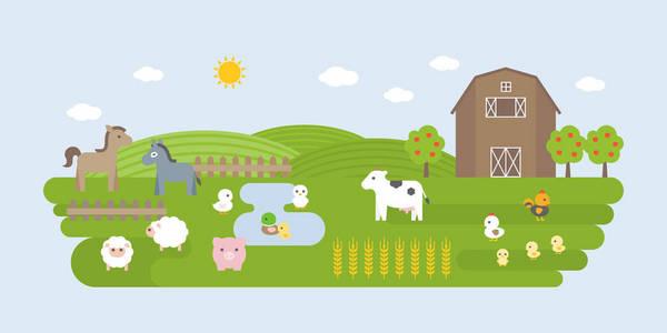 农业和农业景观要素 谷仓，农场动物如牛 驴 猪 母鸡 羊，平面设计