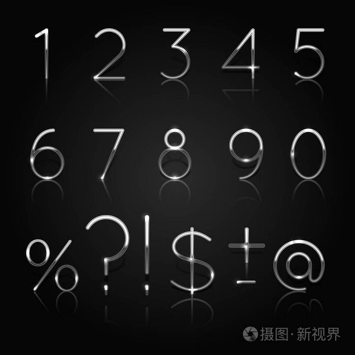 银色的数字银数字和标点符号隔离在黑色背景上的一套矢量图