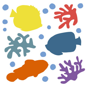 矢量绘制隔离多彩集的剪影红色小丑和蓝色天使鱼和黄蝴蝶鱼与珊瑚和珊瑚礁与白色背景上的泡沫