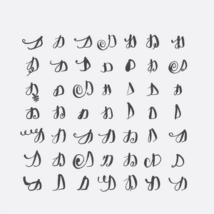 向量集的书法字母 D，手写与针对性的笔尖，装饰着华丽和装饰元素。灰色黑色不完美字母序列上孤立。各种形状集合