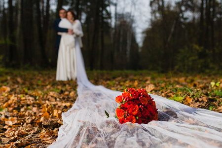 新郎和新娘用很长的婚纱在秋天的树林