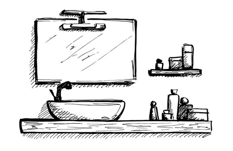 手的素描画。线性素描的内政。浴室里的一部分。矢量图