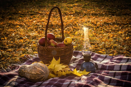 秋季静物与红苹果在篮子里