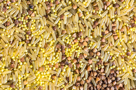 种种杂粮麦片背景纹理大米 小米荞麦 顶视图的