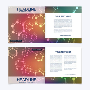 方形宣传册的模板。单张封面演示文稿。商业，科学，技术设计书布局。科学分子背景