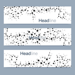 现代向量横幅的科学设置。Dna 分子的结构与连接的线和点。科学向量背景。医疗 技术，化学设计