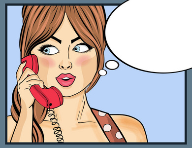 波普艺术女人复古通电话聊天。演讲的漫画女人
